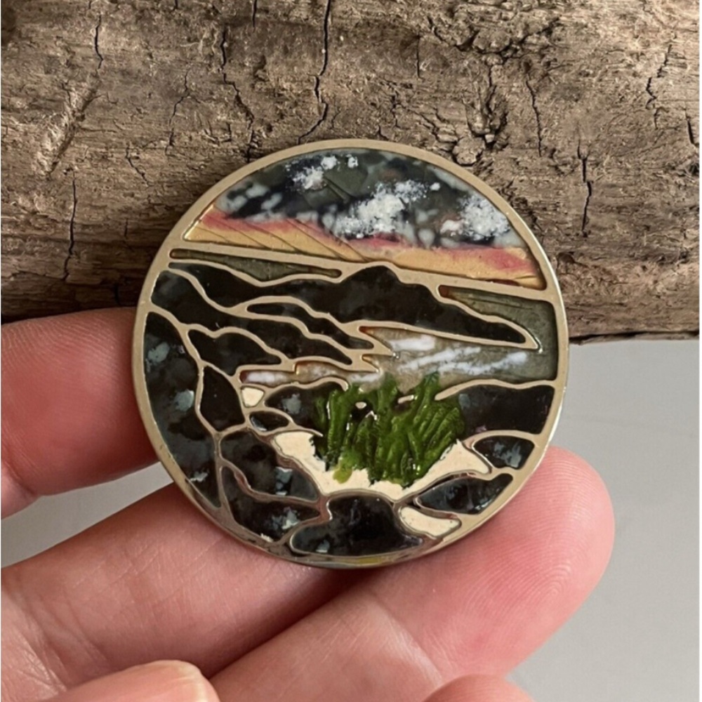 Vintage Enamel on Copper Brooch Scenic Round Pin Landscape Horizon